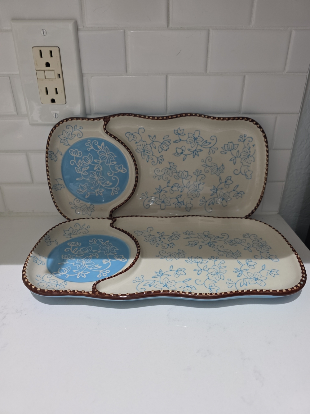 Temp-Tations Blue and Cream Ceramic Divided Server Set Of 2